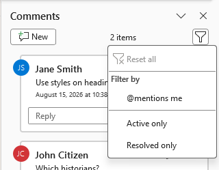 Comments in list view in Word